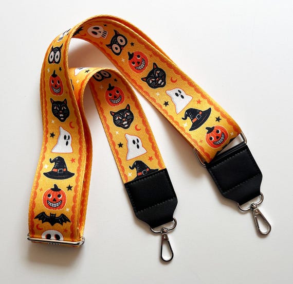 Vintage Halloween Cross Body Strap, black, purse strap, webbing, orange, yellow