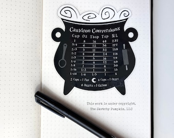 Cauldron Conversion Chart Decal, Waterproof, Transparent, Witch, Kitchen