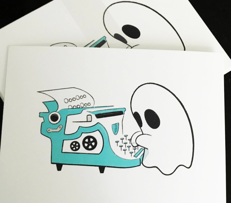 May include: A white ghost with black eyes is typing on a teal typewriter with a white paper in the carriage. The typewriter has a black lever and a black wheel.