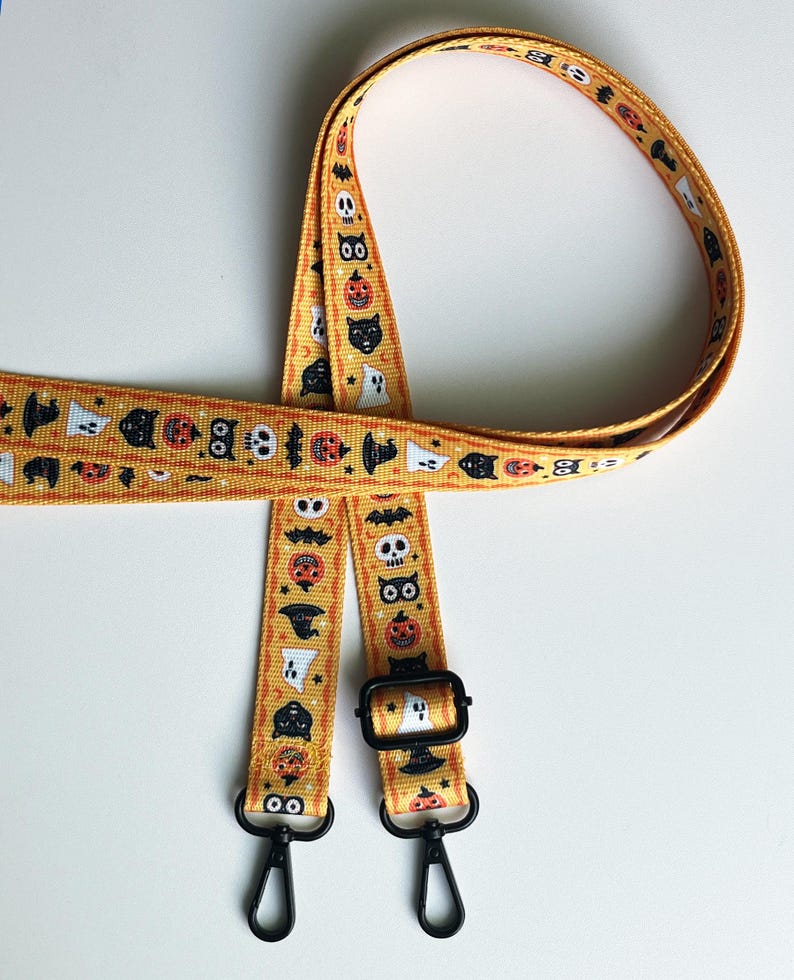 Vintage Halloween Cross Body Strap, black, purse strap, webbing, orange, yellow 1 inch wide strap