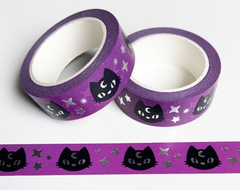 Crescent Cat, Purple/Silver Washi Tape, Bullet Journal, BuJo