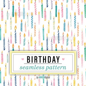 Birthday Candles Watercolor Seamless Pattern, Repeating Surface Pattern, Pastel Printable Digital Paper Download, Fabric Pattern, 0107