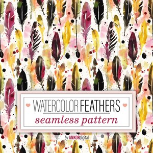 May include: A seamless pattern featuring watercolor feathers in shades of red, yellow, and black. The background is white with splatters of paint. The text "WATERCOLOR FEATHERS seamless pattern by ANKORDigital" is at the bottom of the image.