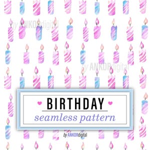 Birthday Candles Watercolor Seamless Pattern, Repeating Surface Pattern, Pink Purple Printable Digital Paper Download, Fabric Pattern, 0106