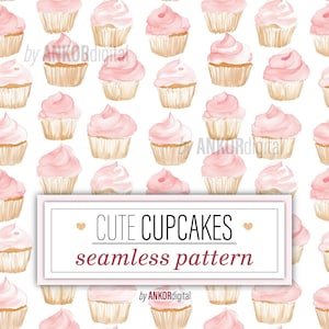 Cupcakes Watercolor Seamless Pattern, Cute Repeating Surface Pattern, Pink Pastel Printable Digital Paper Download, Fabric Pattern, 0094