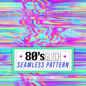 Puede incluir: Un patrón sin costuras con un efecto de glitch retro de los años 80. El patrón presenta una mezcla vibrante de colores rosa, azul, verde y amarillo. El texto "80's GLITCH SEAMLESS PATTERN" se muestra en un cuadro blanco con un corazón rosa a cada lado.