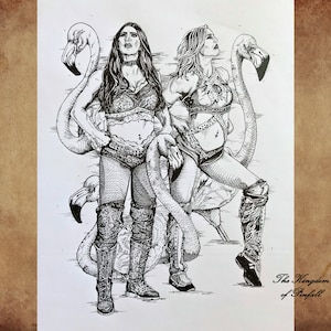 The IIconics and Some Flamingos - India Ink Drawing Matte Art Print - India Ink Wrestling Women&#39;s Tag Team Fanart
