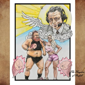 Otis and Mandy Rose as the Lovers Tarot Card - with Guest Star Michael Cole - Mixed Media Art Print - India Ink and Colored Pencil