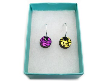 Mini Wooden Circle Earrings - Holographic Yellow/Pink - Eco Earrings - Iridescent Earrings - Mini Triangle Dangle & Drop Earrings