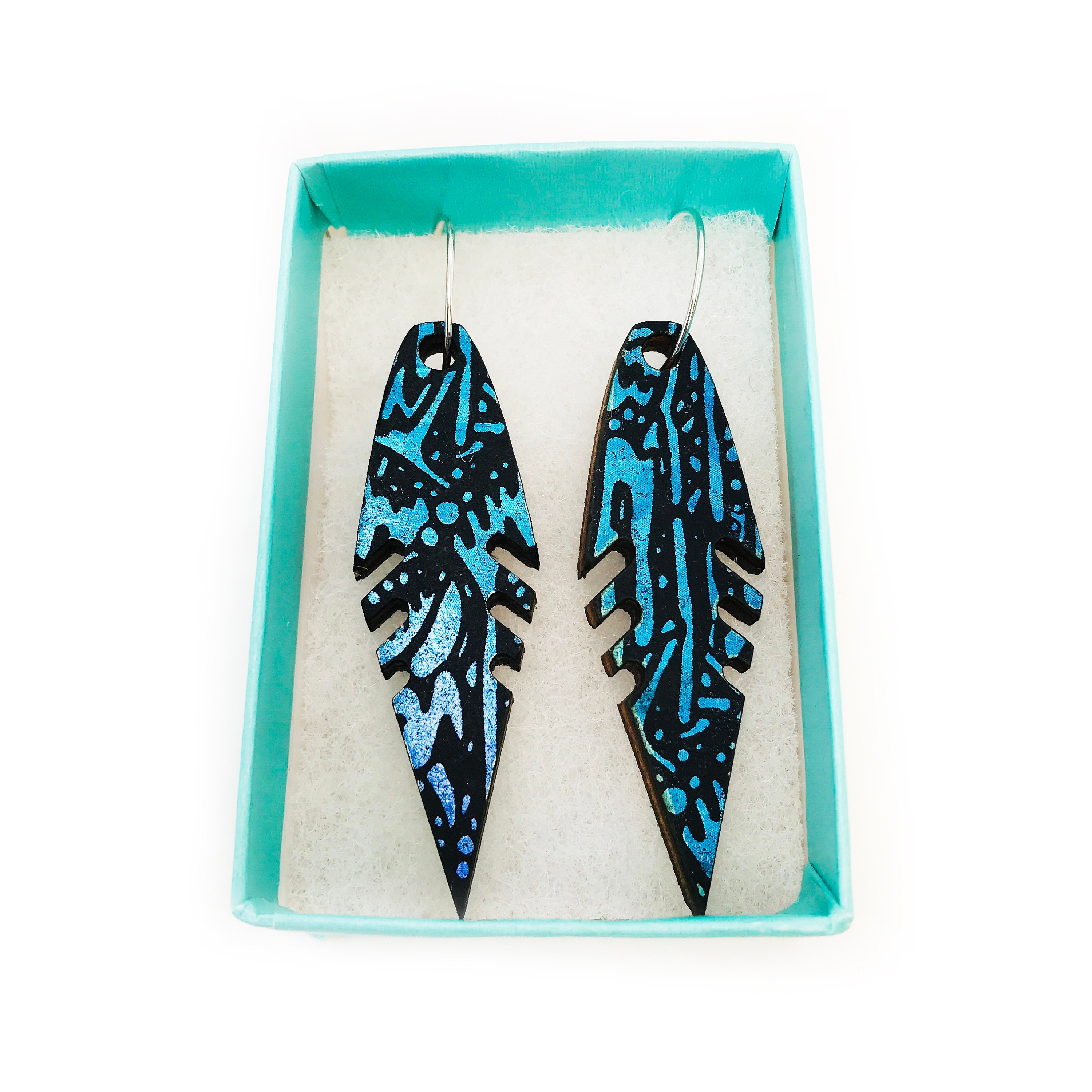 Handmade Holographic Feather Earrings Wood Earrings