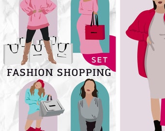 Clipart van winkelende vrouwen: 10 illustraties van modebewuste vrouwen en 10 verpakkingselementen (PNG, PDF, AI)