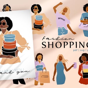 Shopping woman clipart - Fashion girl clipart - Black girl with packages - Shopping graphics - Lifestyle girl svg