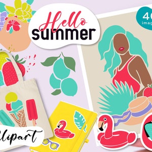 May include: A collection of summer-themed clipart images. Includes a tote bag with ice cream, a notebook with a flamingo, and a print of a woman with turquoise hair. The words "Hello summer" and "Clipart" are also visible.