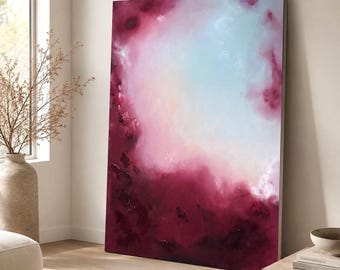 BLUSH | Original abstract modern acrylic painting | Mixed media | 75 x 100 cm | Textured canvas | Bordeaux, beige, light blue, magenta