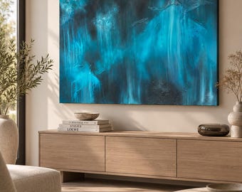 CASCADE | Original abstract hand-painted art | Acrylic painting on canvas | 65 x 90 cm | Petrol turquoise | Mixed media