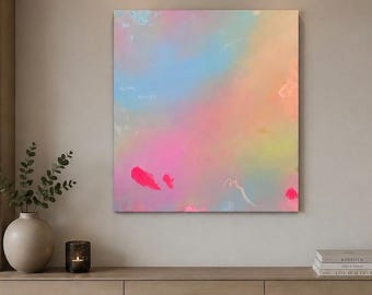 LOVE ALWAYS | Original acrylic painting on canvas | 60 x 70 cm | Modern abstract art | Pastel blue, pink, orange | Textured painting