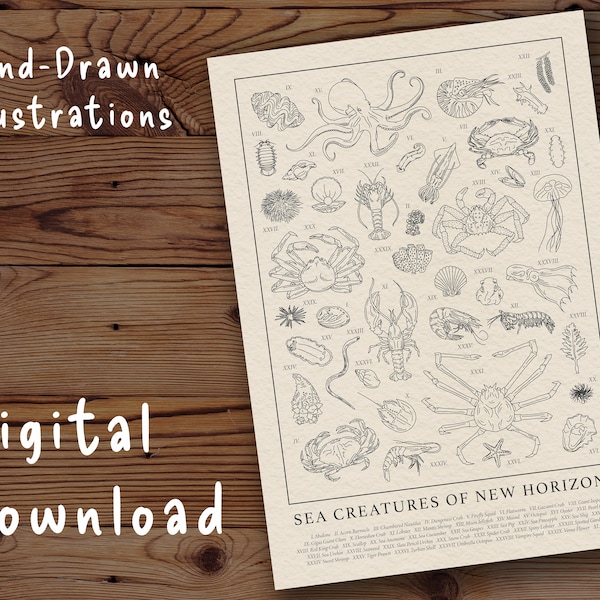 Impresión de criaturas marinas de Animal Crossing: Ilustración de biología vintage (descarga digital)