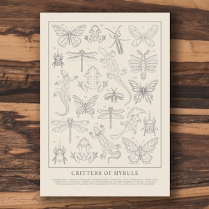 Critters of Hyrule - Schwarz und Weiß | Vintage Botanische Legende von Zelda TOTK Tränen des Königreichs A5 / A4 / 50x70 Print