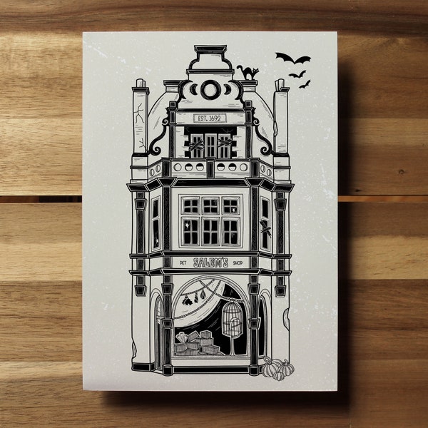 Salem's Pet Shop - Spooky Street Halloween - Storefront Print / gothic alt dark lino block print estilo físico A4 poster art