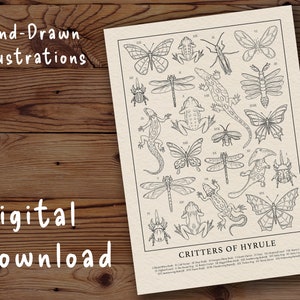 Critters of Hyrule - DIGITALER DOWNLOAD | Zelda Tränen des Königreichs | Botanisches Cottage-Biologie-Lehrbuch, Vintage-inspirierte Illustrationsdrucke