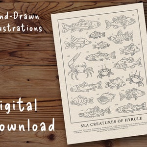 Criaturas marinas de Hyrule - DESCARGA DIGITAL / Zelda Tears of the Kingdom / Botanical Cottage Biology - Ilustración vintage
