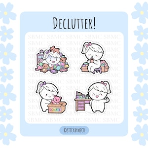 May include: A sticker sheet featuring the word "DECLUTTER!" and four illustrations of a person decluttering. The illustrations show the person surrounded by items, drinking tea, donating, and organizing. The sticker sheet has a light blue background.