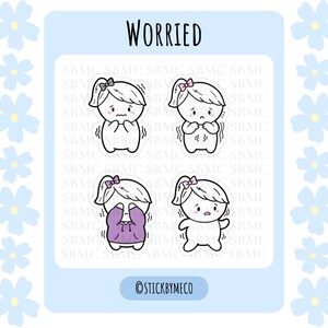 May include: A light blue sticker sheet with the word "WORRIED" at the top. The sheet features four cartoon illustrations of a girl expressing worry. Each girl has a bow in her hair. The sticker sheet has the text "©STICKBYMECO" at the bottom.