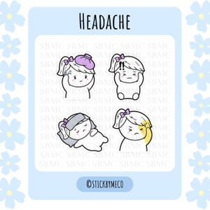Headache planner stickers, migraine head pain, planner decor, kawaii stickers, daily planner, journal, calendar stickers, hobonichi weeks