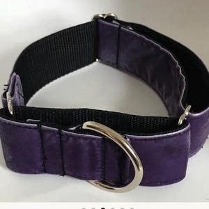 Pu&ograve; includere: Un collare per animali in velluto viola con una fodera interna in nastro di nylon nero. Il collare include un anello a D in metallo argentato per l'aggancio e una fibbia scorrevole regolabile in metallo argentato abbinata per la chiusura.