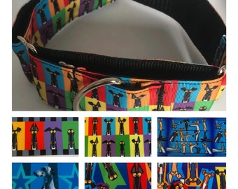 Greyhound Martingale Collar | 2 Inch Double Loop Wide Collar | Colourful Greyhound Print | Handmade Sighthound, Whippet & Lurcher Collar