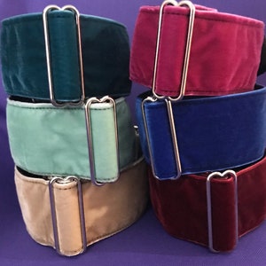 May include: A stack of six velvet dog collars in teal, burgundy, mint green, royal blue, beige, and maroon. Each collar has a silver buckle.