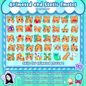 ANIMADO + ESTÁTICO Ginger Cat Emotes MEGA Bundle para Twitch y Discord ! Lindo Chibi Red Cat Emotes animados para streaming, artista emote