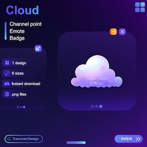 Puede incluir: Un emoji de nube morado y azul con el texto "Traucmahr Design" en su interior. El emoji es una insignia digital para Twitch u otras plataformas de streaming. Está disponible en seis tamaños y como archivo .png.