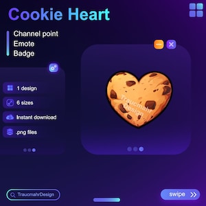 Op de afbeelding: Een hartvormige koekje met chocolade chips, ontworpen als een Twitch-kanaalpunt, emoji of badge. Het ontwerp is beschikbaar in zes maten en bevat de tekst "Traucmahr Design".