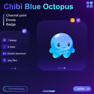 Blue Chibi Octopus | Twitch Channel Point | Emote | Badge | Bit Badge | Role • Usable on Twitch and Discord • Streaming Assets for streamers