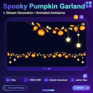 May include: Animated Halloween stream overlay featuring a garland of glowing orange pumpkins and stars on a black background. The text "Spooky Pumpkin Garland" is at the top of the image. The text "Stream Decoration Animated Ambiance" is below the garland.