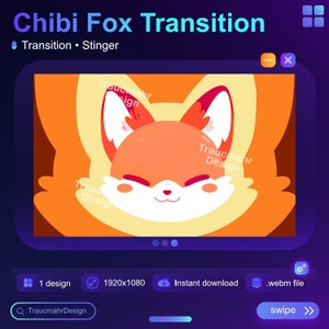 May include: A digital animation of a cute orange and white chibi fox with closed eyes. The animation is a transition effect called "Stinger" and is available for instant download in a webm file format. The animation is 1920 pixels wide by 1080 pixels high.