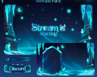 Puede incluir: Diseño de arte digital con un tema helado, con el texto "Frost Sanctuary Stream Pack" en una fuente azul brillante. El diseño incluye estalactitas heladas, copos de nieve y las palabras "Stream is starting". Elementos adicionales incluyen un icono de Discord y un aviso de deslizamiento.