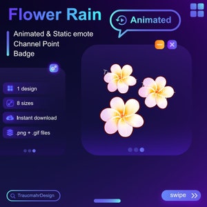 Puede incluir: Una ilustración digital de tres flores rosas con centros amarillos. Las flores están sobre un fondo azul oscuro con un texto superpuesto que dice "Flower Rain" y "Animated". El texto "Animated & Static emote Channel Point Badge" también está incluido.