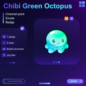 Green Chibi Octopus | Twitch Channel Point | Emote | Badge | Bit Badge • Usable on Twitch and Discord • Streaming Assets for streamers