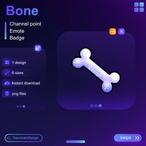 May include: A blue and white bone-shaped emote badge with the text "Traucmahr Design" on it. The badge is designed for use on a Twitch channel.