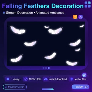 Puede incluir: Superposición animada para transmisión con plumas blancas cayendo sobre un fondo negro. La superposición es de 1920x1080 píxeles y está disponible para descarga instantánea en formato .webm. El texto "Falling Feathers Decoration" y "Stream Decoration Animated Ambiance" se muestra en la parte superior de la superposición.