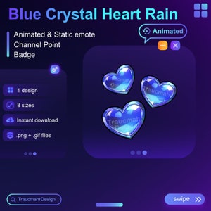 Blauw Kristallen Hart Geanimeerde Emote, Regen, Liefde, Hype | Emote | Kanaalpunt | Abonneebadge | Bit-badge • Bruikbaar op Twitch en Discord