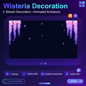 May include: Animated purple and pink wisteria flowers falling on a black background. The text "Wisteria Decoration" is at the top of the image. The text "Stream Decoration Animated Ambiance" is below the title. The image is 1920x1080 pixels.