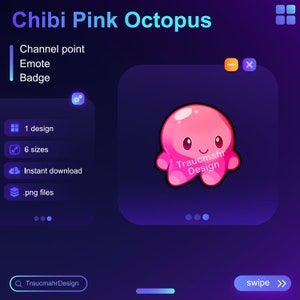 Pink Chibi Octopus | Twitch Channel Point | Emote | Badge | Bit Badge • Usable on Twitch and Discord • Streaming Assets for streamers