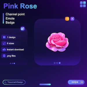 Roze roos | Twitch-kanaalpunt | Emote | Sub-badge | Bit-badge • Bruikbaar op Twitch en Discord • Streamingmiddelen voor streamers