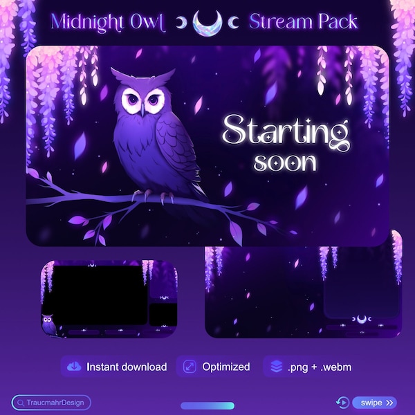 ANIMIERTE Mitternacht Eulen Stream Pack | Overlays, Szenen, Stinger Übergang, Warnungen, Panels, Chat Boxes, Glyzinien | Zubehör für Streamer Vtuber