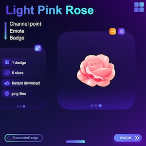 Lichtroze roos | Twitch-kanaalpunt | Emote | Sub-badge | Bit-badge • Bruikbaar op Twitch en Discord • Streamingmiddelen voor streamers