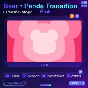 May include: A pink bear to panda transition animation in a webm file format. The animation is 1920x1080 pixels and is available for instant download. The animation is called "Bear Panda Transition Pink" and is a "Transition" and "Stinger" animation.