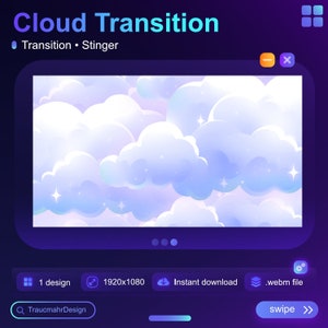 May include: A cloud transition animation with a blue and purple colour scheme. The animation is 1920x1080 pixels and is available for instant download as a .webm file. The animation is titled "Cloud Transition" and is described as a "Stinger".